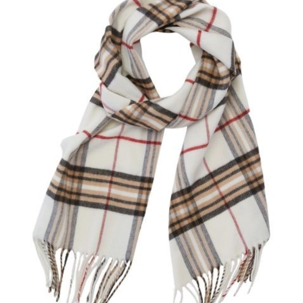 V. FRAAS Ivory Camel Plaid Soft Cashmink Scarf